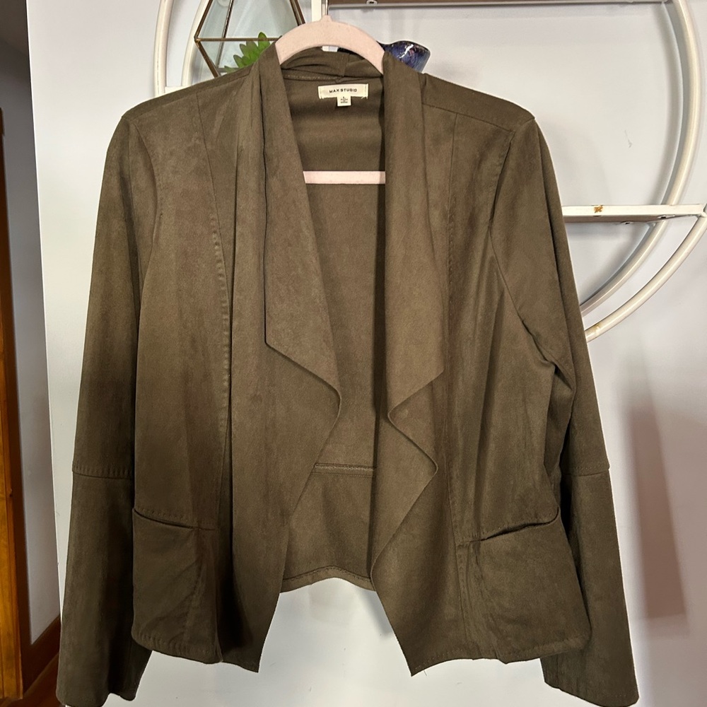 Max Studio Women’s Large L Green Faux Suede Open Drape Jacker Blazer Cardigan